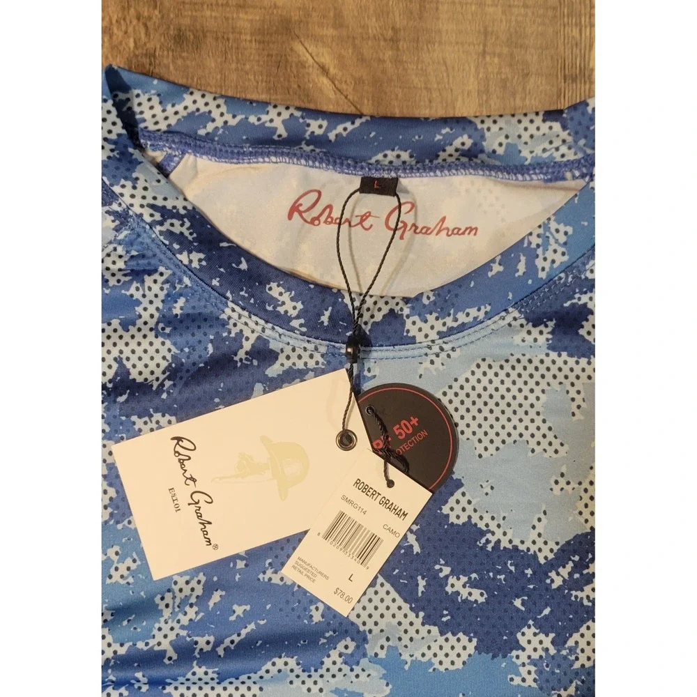 Robert Graham Mens Blue Camo Rash Guard UPF 50+ Swim Shirt SMRG114 NWT Large